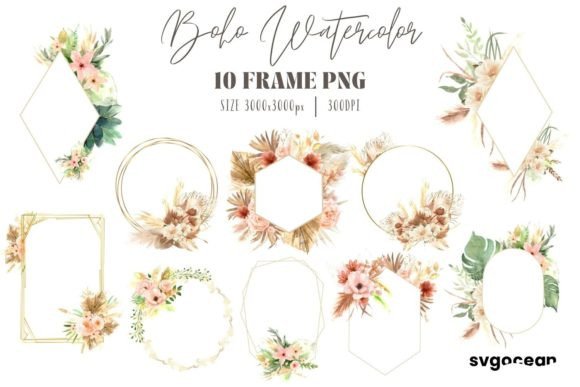 Download Boho Flowers Watercolor Frame Bundle - Bundle Collection