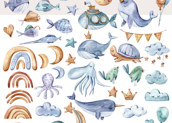 Download Watercolor Ocean Nursery Clipart Bundle - Bundle Collection